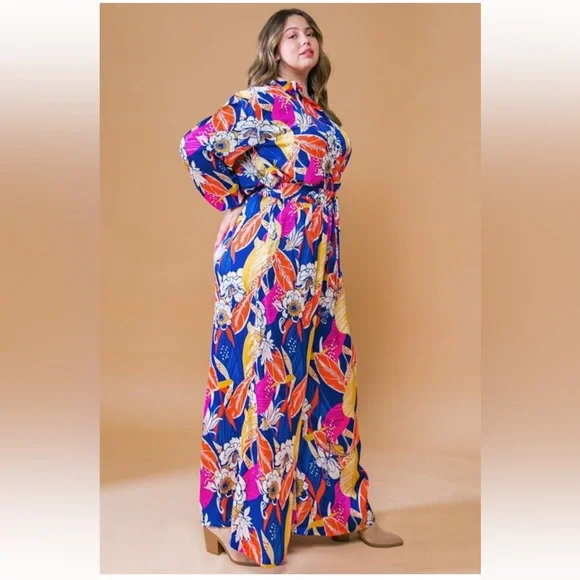 NWT! Plus Luxury Floral Jumpsuit Long Sleeve Elasticized Waist Wide Leg Pockets - Picture 4 of 6